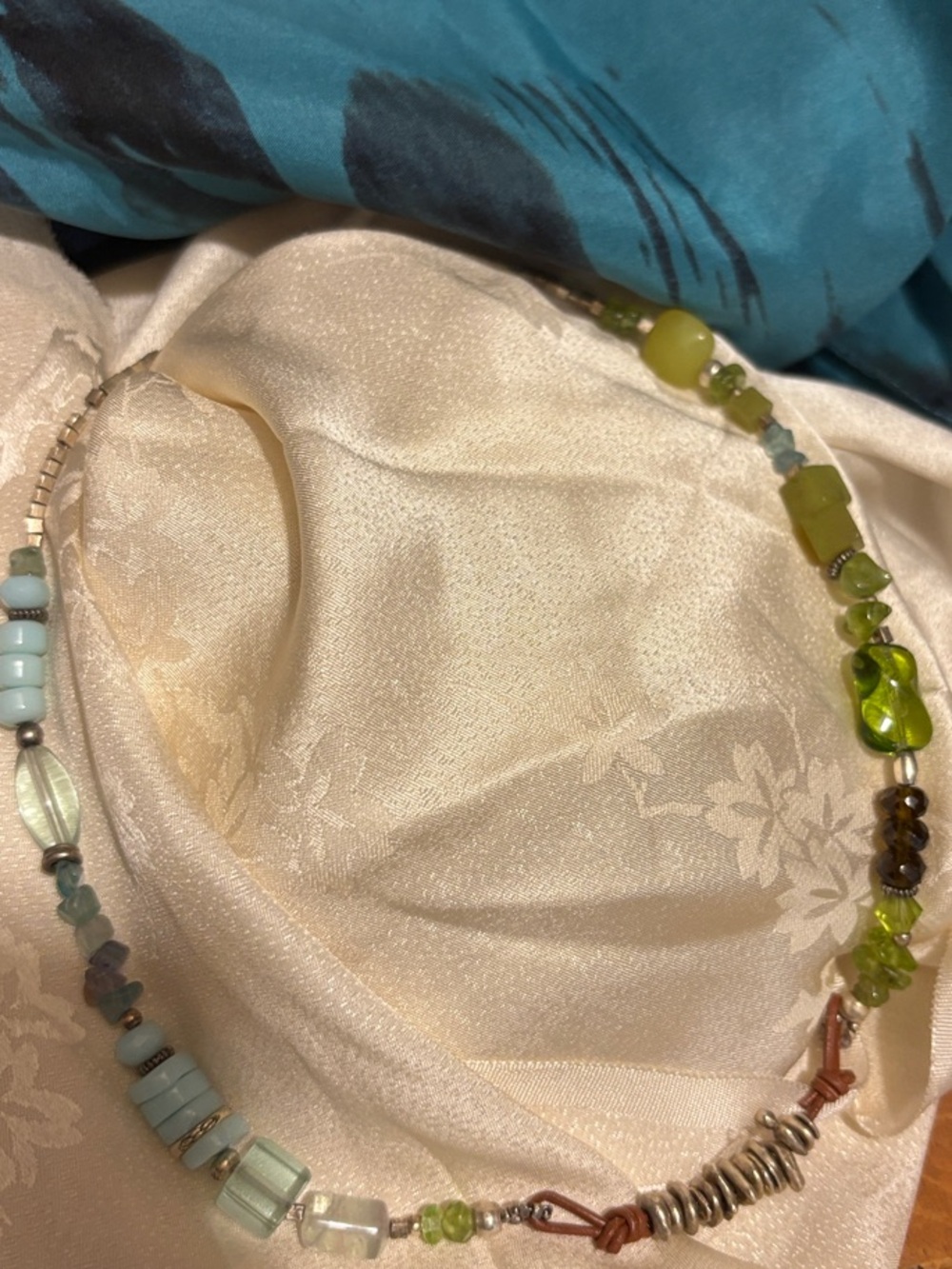 Artisan Green and Light Blue Mixed Bead Necklace with Silver Accents